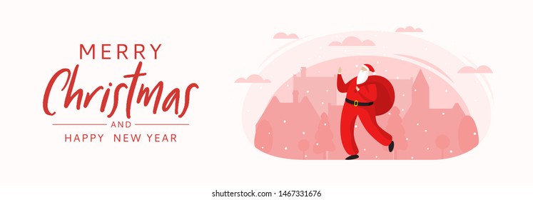 Horizontal banner for Merry Christmas. Vector illustration. Holiday concept in flat style. Christmas Santa Claus carries red bag. Happy New Year card.