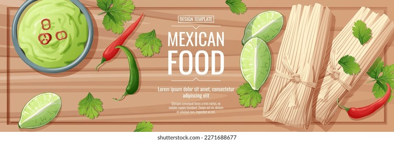 Horizontal banner with mexican food on a wooden background. Tamales with guacamole sauce and chili peppers. Banner, flyer, poster, advertisement of traditional Mexican food.