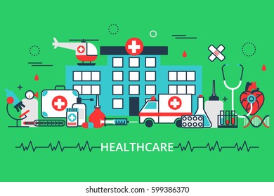 Horizontal banner in modern flat line stile. Health care concept with a lot of medical equipment, hospital, ambulance, helicopter. Vector illustration for web, info graphic.