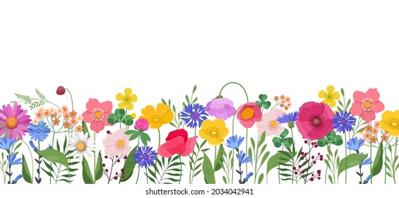 Horizontal banner with multicolored wildflowers and leaves. Poppies, buttercups, cornflowers, cosmos, etc. on white background. Vector illustration
