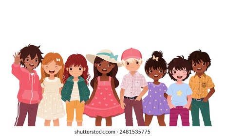 Anuncio Horizontal con Niños Multiracial en varias prendas informales. Chicos y chicas divertidos de pie juntos. Ilustraciones vectoriales sobre fondo blanco para el regreso a la escuela y los Diseños educativos.