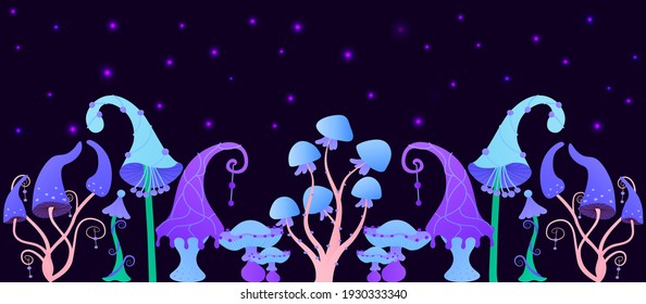 Horizontal banner with mystic mushrooms glowing on dark background, fairy tale flora, game design elements, fantasy nature