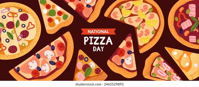 Horizontal banner of National Pizza Day. Traditional Italian cuisine. Whole, triangle slices and cut pieces of margherita, pepperoni on background. Fast food festive event. Flat vector illustration