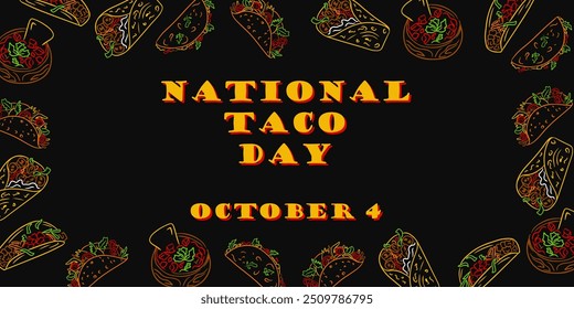 Horizontal banner for National Taco day in traditional Mexican food frame. Vector contour hand drawn illustration in doodle style on black background. Horizontal template for background, banner, card