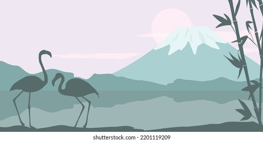 Horizontal banner with a natural landscape. Silhouettes of flamingos against the background of water, lakes and mountains, a sunny circle. Vector graphics.