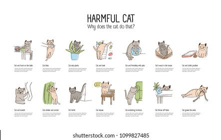 Horizontal banner with naughty cat doing various things - stealing food, scratching furniture, gnawing wires, throwing off items. Bad behavior of domestic animal or pet. Colorful vector illustration