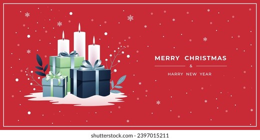 Horizontal banner with New Year and Christmas greetings. Festive design with gifts, candles and snowflakes on red background. Vector illustration.