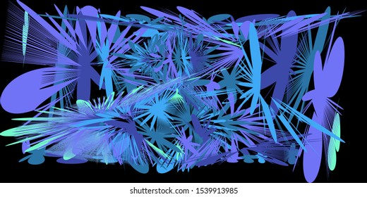 Horizontal banner night jungle with abstract plants and flowers with shades of blue lilac on a dark background.Vector illustration.