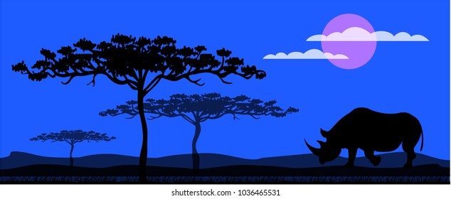 horizontal banner of a night landscape in the desert, vector illustration with a silhouette of a rhinoceros