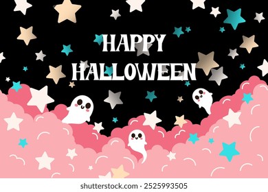 horizontal banner night sky with clouds and ghosts, vector illustration