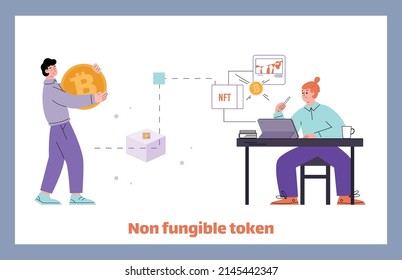 Horizontal banner non-fungible token flat style, vector illustration, blue background. Artist sitting at the table and drawing digital picture, buyer carries large bitcoin. Crypto art concept