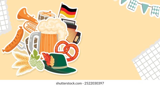 Horizontal banner with Oktoberfest elements and symbols.Cartoon background with glass of beer, pretzel, hop, sausage, barley, accordion, drum, hat, German flag.Vector designs set isolated on yellow. 