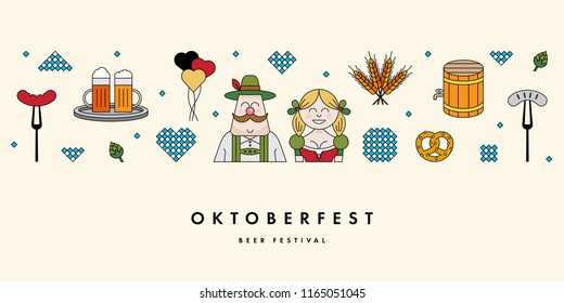 Horizontal banner to Oktoberfest festival. Beer tap, hop, barrel, barbecue, male and girl wearing Bavarian dress dirndl. Flat vector illustration