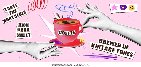 Horizontal banner on coffee theme in retro collage style with pencil doodles and grainy texture. Hand with halftone effect holds a porcelain cup of coffee, the other hand reaches for this cup.