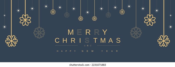 Horizontal banner on a dark background with snowflakes merry christmas and happy new year. Gold. For social network and web.