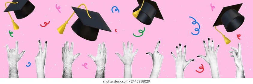 Horizontal banner on the graduation theme in retro collage style. Hands with a halftone effect throw graduation hats into the air. Happy graduation day.