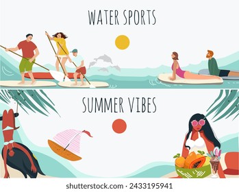 Banner horizontal en el tema de vacaciones de verano, vibraciones de verano, niñas, mujeres surfistas, deportes acuáticos, surf, equitación en sapa, mar, océano, ilustración vectorial dibujada a mano.