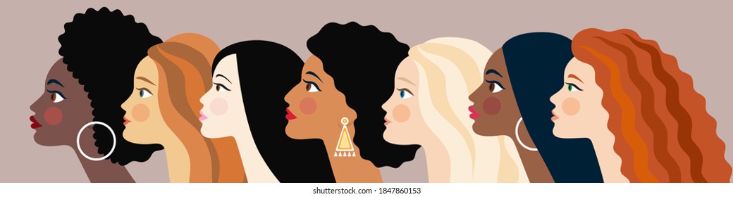 horizontal banner on the theme of multiculturalism. girls of different nationalities, skin color and hair. seven characters are drawn in a flat cartoon style. stock vector illustration. EPS 10.