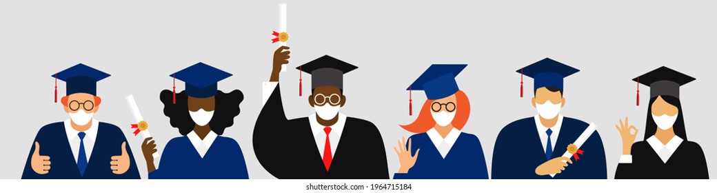horizontal banner on the theme of release in a pandemic. young students of different nationalities and color received diplomas. boys and girls are dressed in robes and master's caps. stock vector EPS.