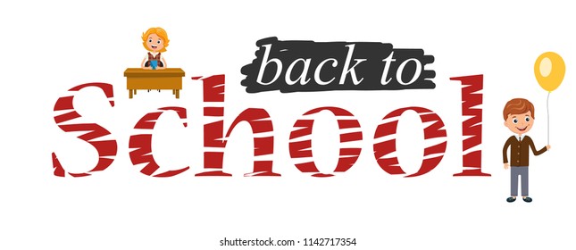Horizontal banner on white background. The school is written in chalk on the Board. Vector illustration.