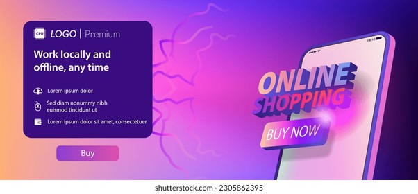 Horizontal banner online shopping and buy button on the mobile phone screen. Vector banner
