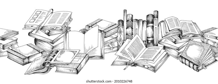 Horizontal banner with open and close literary books or textbooks with bookmarks on pages. Vector illustration in engraved style for concept of education or literature.