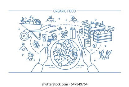 Horizontal banner with organic food. Composition with vegetables on plate, different fresh products, greenery, fruit, drinks. Monochrome vector illustration in lineart style.