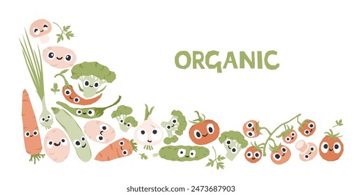 Horizontal banner with organic vegetables and lettering. Green grown cute characters.