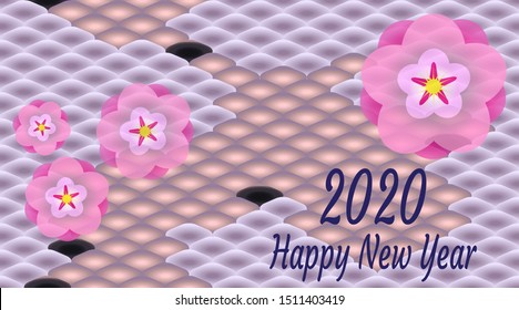 Horizontal banner in oriental style, Happy 2020 New Year, against background of national oriental pattern, fish scales of carp Koi and sakura. Elements of Chinese New Year. Vector illustration.