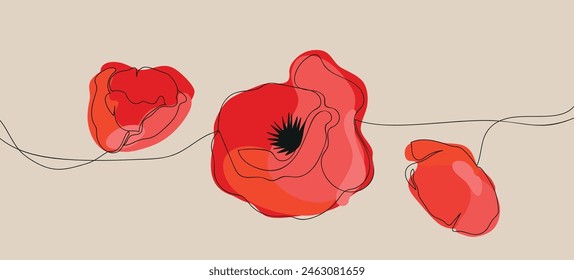 Horizontal banner with outline red poppy flowers on beige background. International symbol of peace. Vector illustration.