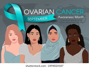 Horizontal Banner for Ovarian Cancer Awareness. Diverse women`s silhouettes, text, and a teal ribbon. Modern flat illustration