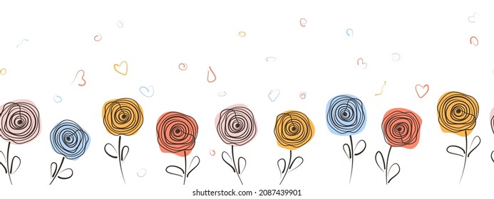 Horizontal banner with painted сontour of black abstract flowers drawn with one solid line. Sketch drawing floral row, seamless pattern with colorful flowers and doodle vector illustration isolated 
