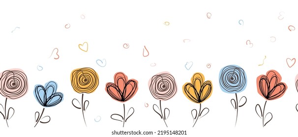 Banner horizontal con с pintadas sobre flores abstractas negras dibujadas con una línea sólida. Esbozo de la fila de dibujo floral, patrón sin fisuras con flores coloridas y doodle ilustraciones vectoriales aisladas 
