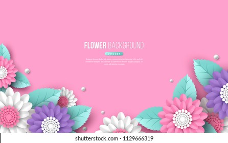 Bannière horizontale avec fleurs 3d découpées en papier, rose, blanc et violet. Placez le texte. Des éléments décoratifs pour le design de vacances.Illustration vectorielle.