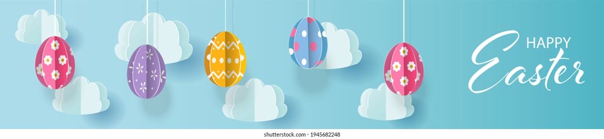 Horizontal banner with paper cut clouds, hanging Easter eggs, blue sky. Place for text. Happy Easter sale header or voucher template with eggs.