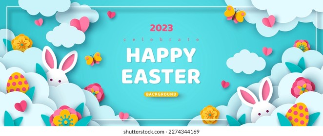 Horizontal banner with paper cut clouds, rabbit, eggs and hearts, blue sky background, papercut craft art. Place for text. Happy Easter day sale concept, voucher template with square frame.