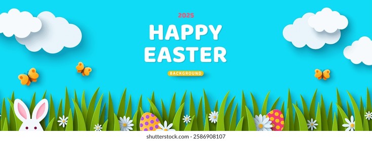 Horizontal banner with paper cut clouds, rabbit, eggs and spring grass, blue sky background, papercut craft art. Place for text. Happy Easter day sale concept, voucher template, bunny ears