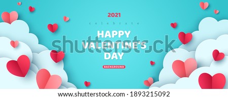 Horizontal banner with paper cut clouds and flying hearts in blue sky, papercut craft art. Place for text. Happy Valentines day sale concept, voucher typography template.