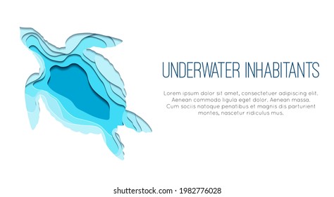 Horizontal banner with paper cut layered turtle illustration and place for text. Ocean dweller. Silhouette of marine reptile. Vector template with drawing of origami aquatic animal on white background