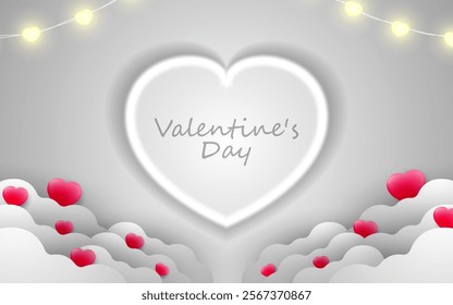 Horizontal banner with paper cut sky and clouds. Place for text. Happy Valentine's Day sale header or voucher template with hearts.