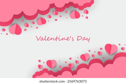 Horizontal banner with paper cut sky and clouds. Place for text. Happy Valentine's Day sale header or voucher template with hearts.