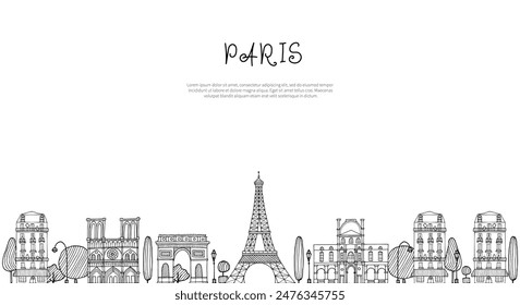 Horizontal banner with Paris architecture skyline in sketch doodle style in white and black colors. Hand drawn line silhouette by black ink pen. Space for text