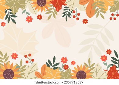 Patrón de banner horizontal con hojas y bayas brillantes de otoño en plantilla de color retro. Estilo plano. ilustración vectorial.