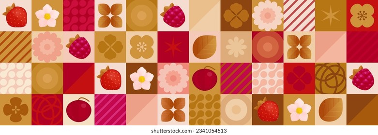 Horizontale Banner, Muster oder Tapeten mit geometrischen minimalen trendigen Elementen und abstrakten Erdbeeren und Kirschen. Einfache, moderne Wohnung. Vektorgrafik