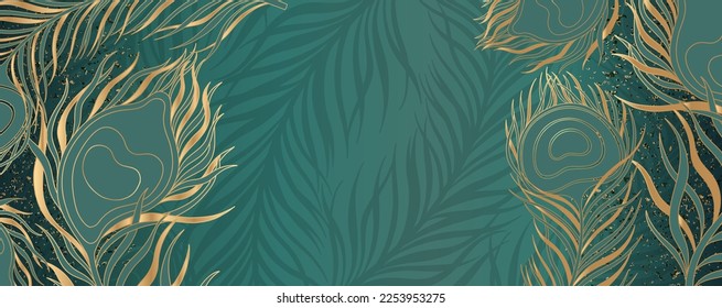 Horizontal banner with peacock feathers. Luxury and beautiful decoration design for text background. Modern transparency wallpaper. Vector illustration.