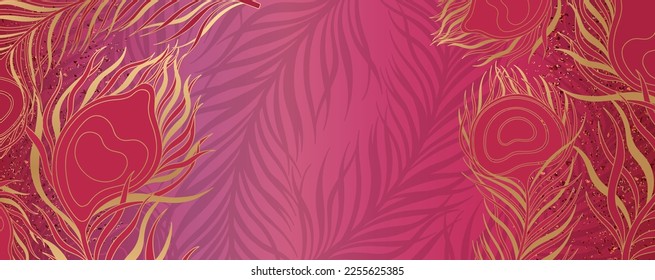 Horizontal banner with peacock feathers. Luxury and beautiful decoration design for text background. Modern transparency wallpaper. Vector illustration.