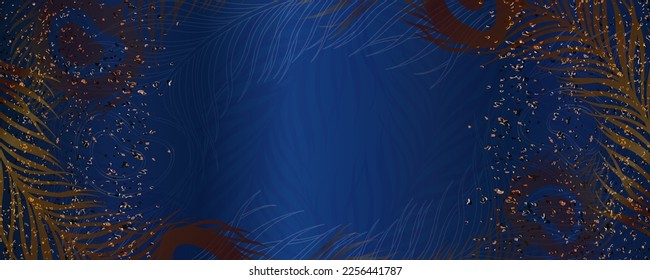 Horizontal banner with peacock feathers. Luxury and beautiful decoration design for text background. Modern transparency wallpaper. Vector illustration.