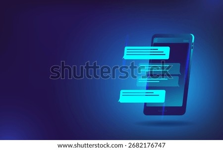 Horizontal banner. Phone with open chat. Vector illustration for animation. Neon colors, sci-fi.