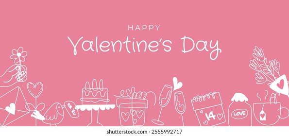 Horizontal banner with pink background and elements for Valentine's Day. Place your text. Valentine's Day sale header or coupon template, postcard. Vector illustration.	