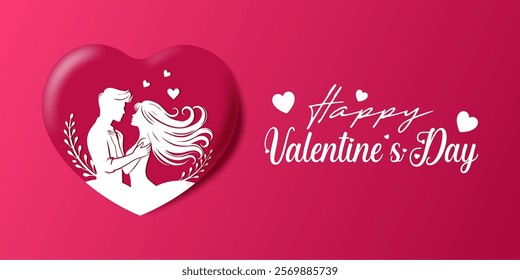 Horizontal banner with pink background, sparkling heart symbol on silhouette of romantic young couple. Happy Valentine's day template with hearts. Vector Illustration.